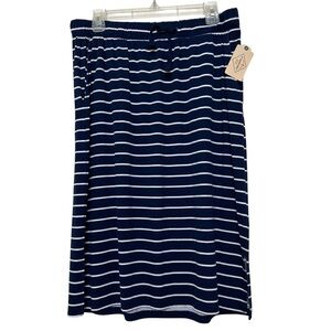 NWT St. John's Bay Blue White Stripe Knit Midi Skirt Drawstring Side Slits Sz L